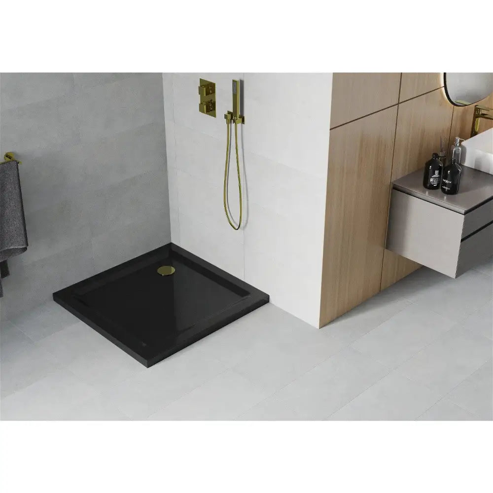 Mexen Flat Kvadratisk Slim Dusjbrett 100x100 Cm Svart Gullfarget Avløp - 40701010g