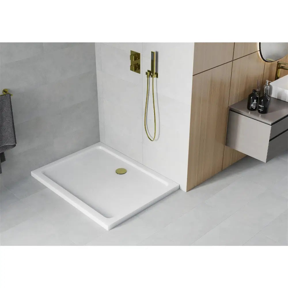 Mexen Flat Rektangulært Dusjbrett Slim 100x80 Cm Hvitt Gullfarget Avløp - 40108010g
