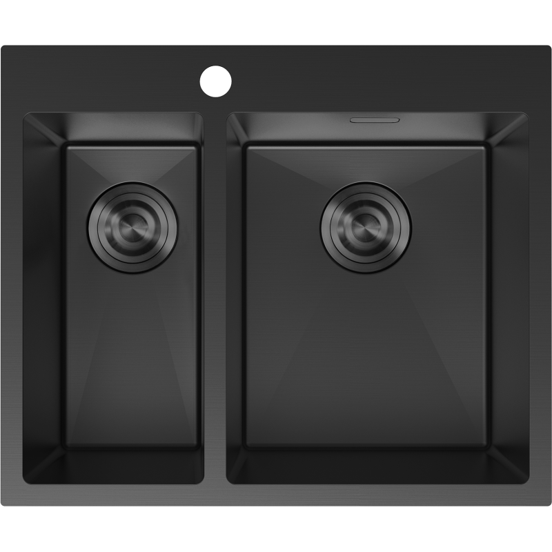 Stålvask Mexen Flexo 610 x 510 mm i matt svart, sett ovenfra med 1,5 kum og sentrerte avløp.