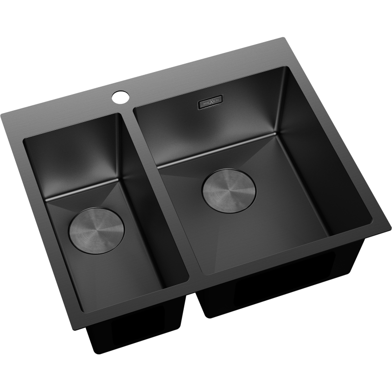 Stål Kjøkkenvask Mexen Flexo 610 x 510 mm i matt svart med 1,5 kum og bunnventiler sett skrått ovenfra.