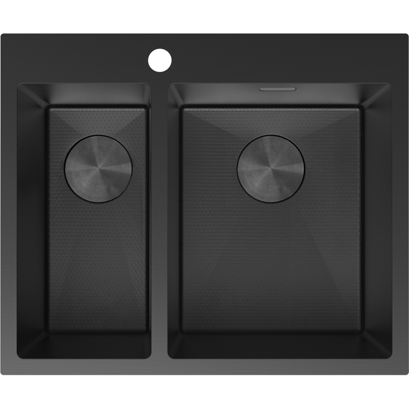 Kjøkkenvask i stål Mexen Flexo 610 x 510 mm i sort, sett ovenfra med 1,5 kum og børstede bunnflater.