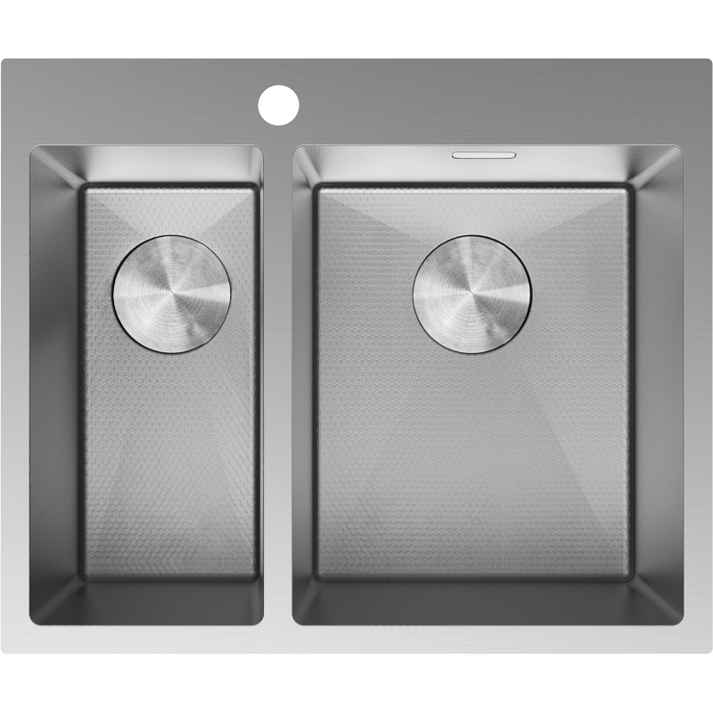 Kjøkkenvask i stål 610 x 510 mm med 1,5 kum, sett ovenfra med avrundede hjørner og runde avløpslokk.