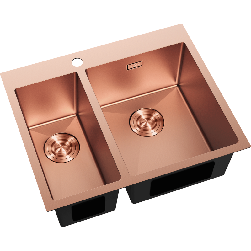 Kjøkkenvask Rustfritt Stål dobbel kum Mexen Flexo i børstet kobber, sett skrått ovenfra.