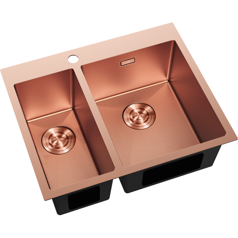 Kjøkkenvask Rustfritt Stål Mexen Flexo 1,5 kum i børstet kobber, sett ovenfra i skrå vinkel.