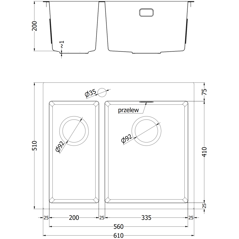 Kjøkkenvask i stål teknisk tegning av dobbel kum Mexen Flexo 610x510 mm med mål og avløpsplassering.