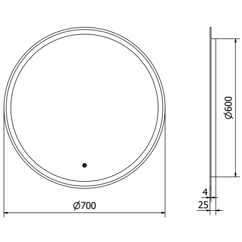 Speil med lys teknisk tegning av rundt speil Mexen Gobi 70 cm med mål og snittvisning.