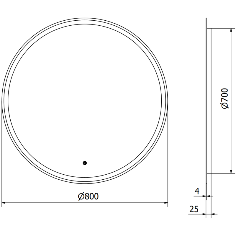 Speil med lys teknisk tegning av rundt LED-speil 80 cm med mål og innvendig sirkel på 70 cm.