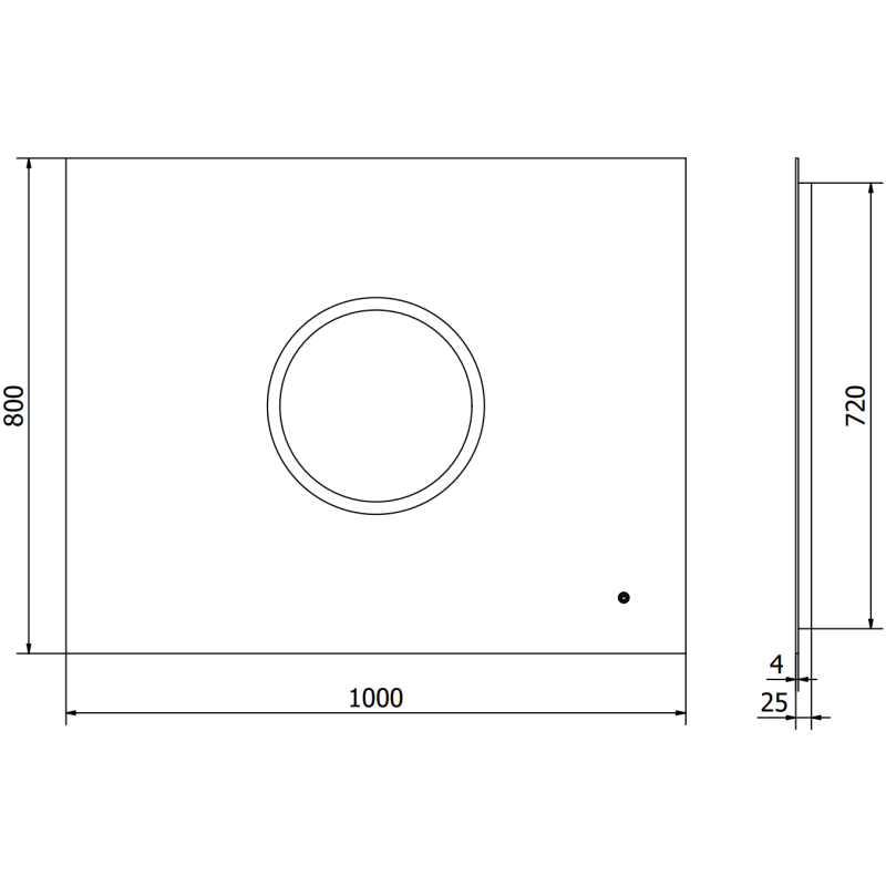 Speil med lys teknisk strekillustrasjon av rektangulært LED-speil med mål, vist forfra og fra siden.