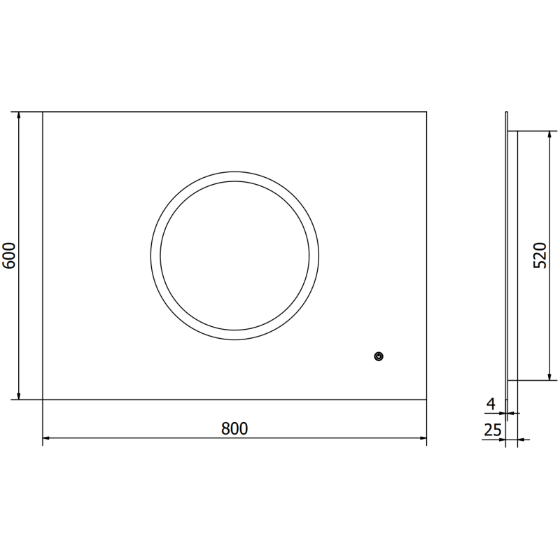 Speil med lys teknisk strekillustrasjon av Mexen Koga 80x60 cm med mål og dybde angitt.