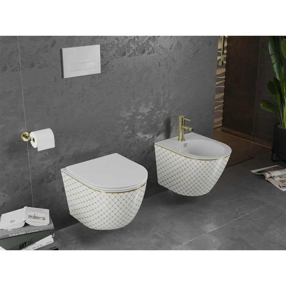 Mexen Lena Toalettskål Rimless med Soft-close Sete i Slim Design Duroplast Hvit/gull med Rutenett Mønster