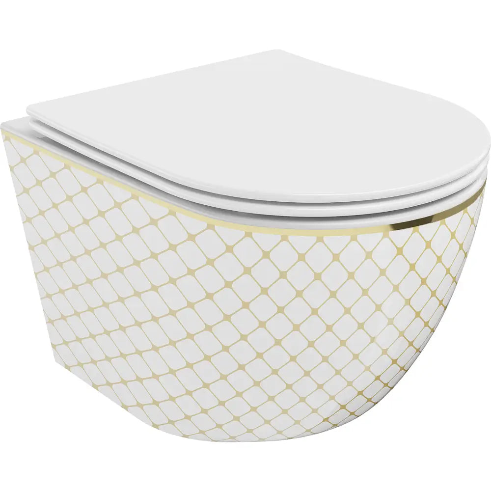 Mexen Lena Toalettskål Rimless med Soft-close Sete i Slim Design Duroplast Hvit/gull med Rutenett Mønster
