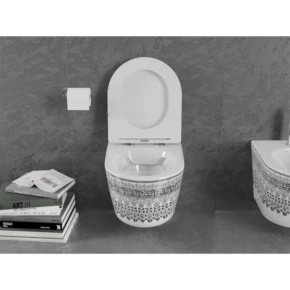 Mexen Lena Toalettskål Rimless med Soft-close Slim Sete Duroplast Hvit/svart Mønster