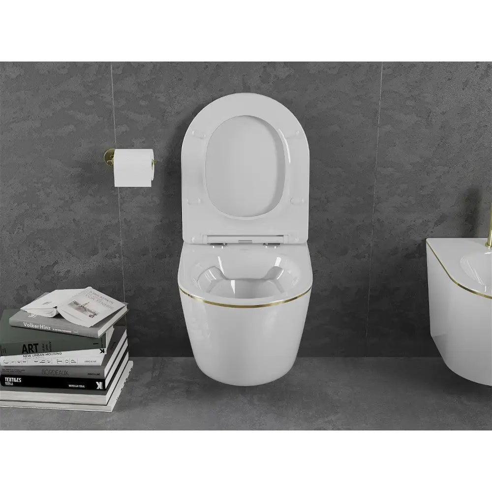 Mexen Lena Toalettskål Rimless med Soft-close Slim Sete Duroplast Hvit/gull Linje