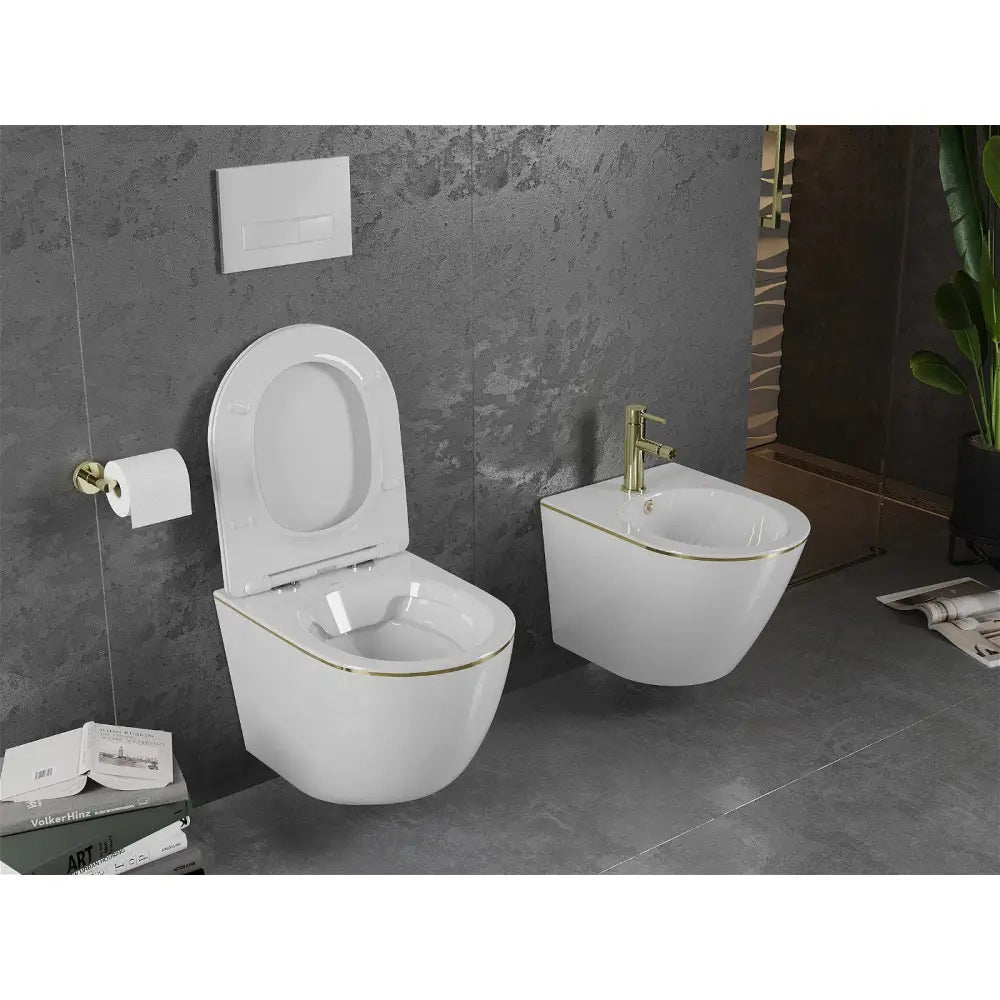 Mexen Lena Toalettskål Rimless med Soft-close Slim Sete Duroplast Hvit/gull Linje