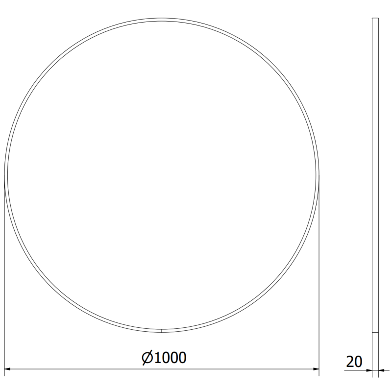 Baderomsspeil rundt Mexen Loft vist forfra og fra siden med mål 1000 mm diameter og 20 mm tykkelse.