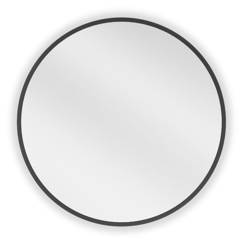 Baderomsspeil rund 45 x 45 cm med tynn svart ramme, sett rett forfra mot hvit bakgrunn.