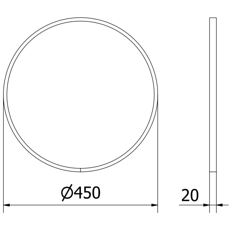 Baderomsspeil teknisk strekning av rund modell 45 x 45 cm med svart ramme og målskjema.