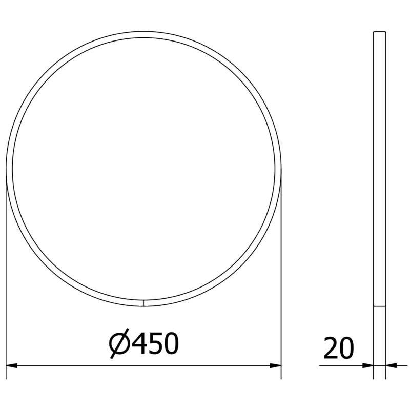 Baderomsspeil rund Mexen Loft 45 x 45 cm vist som teknisk strekning forfra og fra siden.