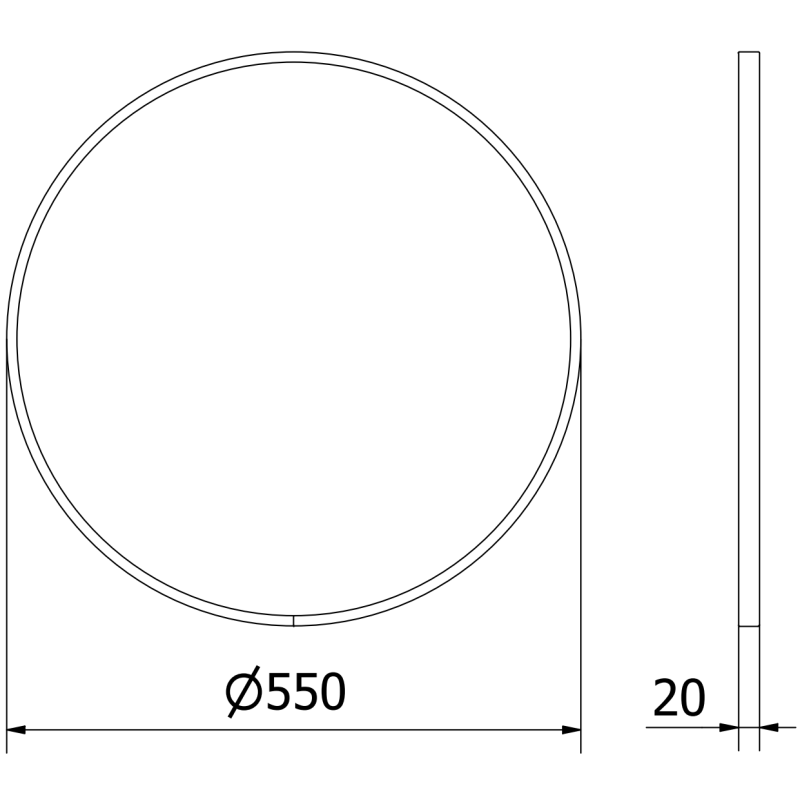 Baderomsspeil rund 55 x 55 cm med gullramme, teknisk strekillustrasjon med mål i millimeter.