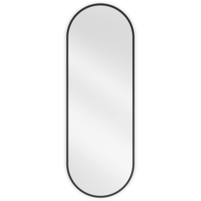 Baderomsspeil 100 x 35 cm ovalt med svart aluminiumsramme, sett rett forfra mot hvit bakgrunn.