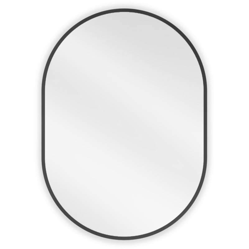 Baderomsspeil 70 x 50 cm ovalt med svart, tynn aluminiumsramme sett rett forfra.