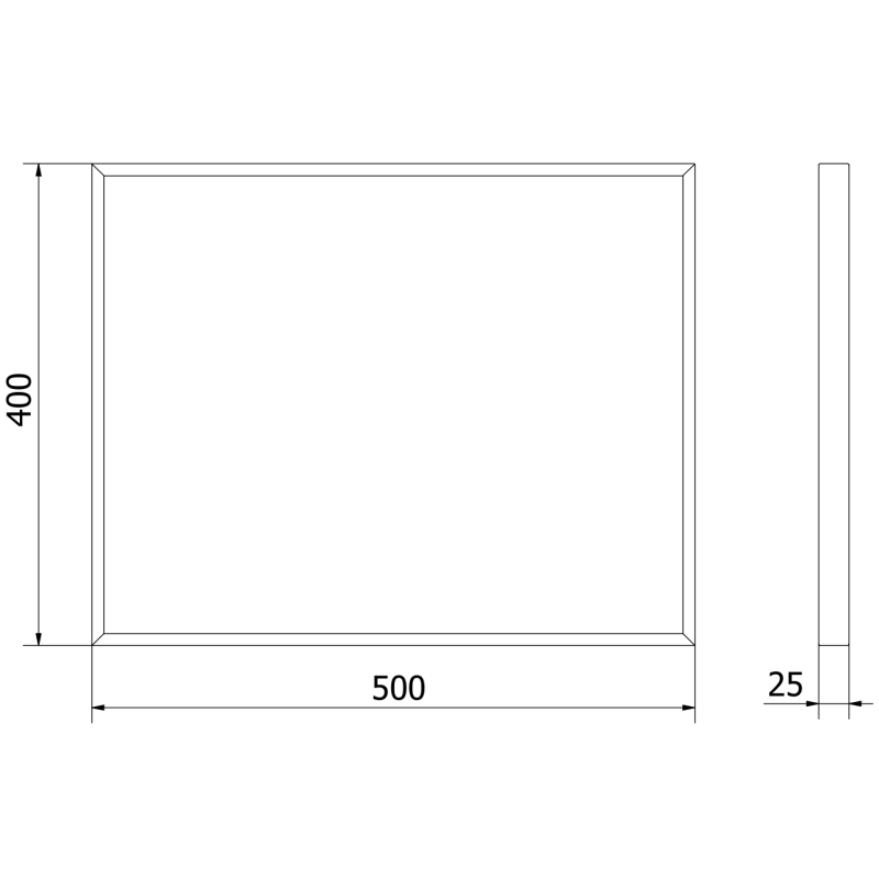 Baderomsspeil 50 x 40 cm rektangulært med gullramme, teknisk strekillustrasjon med mål.