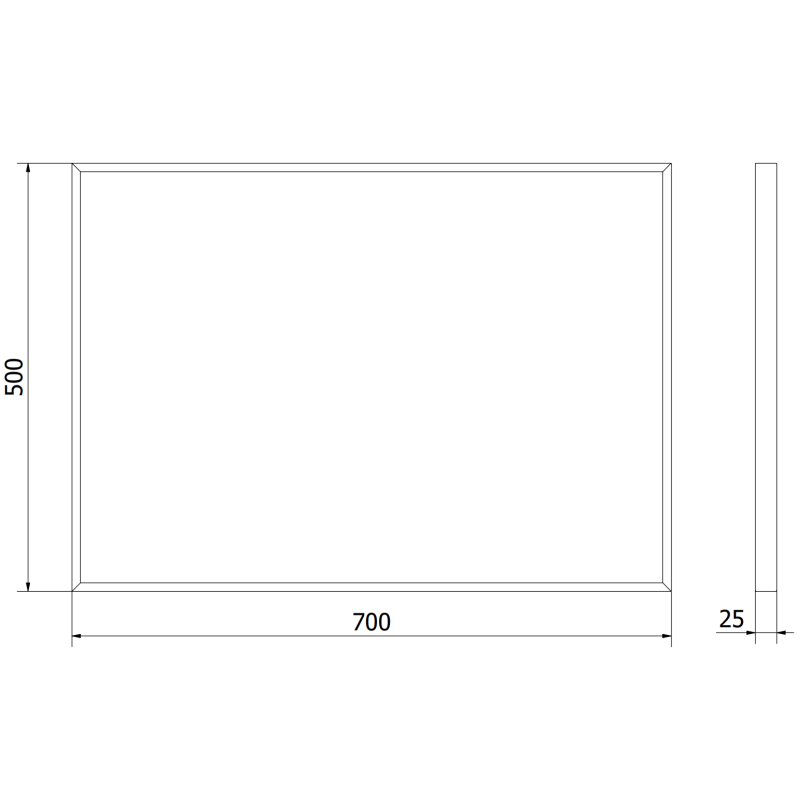 Baderomsspeil 70 x 50 cm Mexen Loft teknisk tegning med mål og gullramme sett forfra og fra siden.