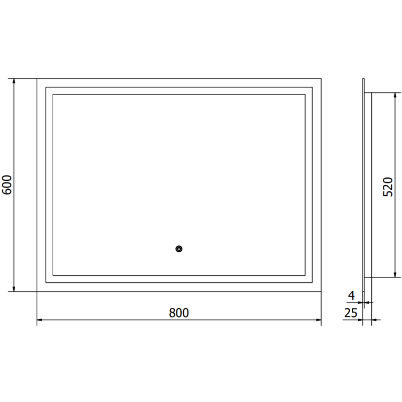 Speil med lys teknisk tegning av Mexen Miko 80 x 60 cm med mål og sentrert avløpshull.