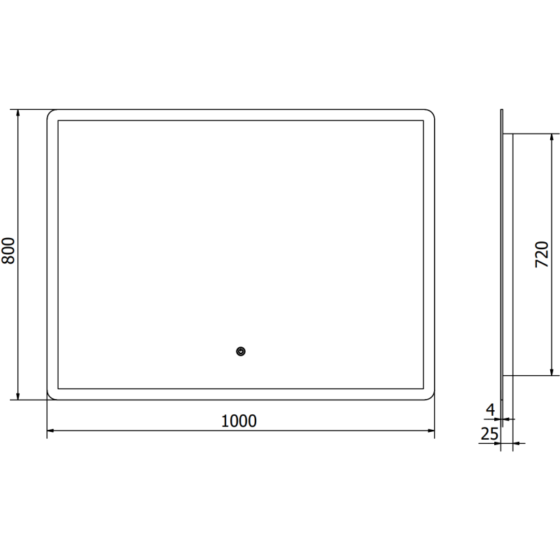 Speil med lys teknisk tegning av rektangulært LED-speil 100 x 80 cm med mål og høydeangivelse.