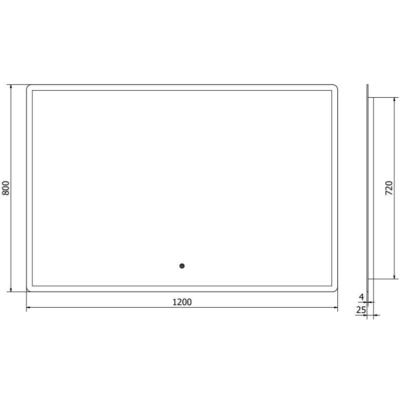 Speil med lys teknisk strektegning av rektangulært LED-speil 120x80 cm med mål og hullplassering.