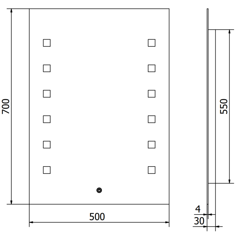 Speil med lys teknisk tegning av rektangulært LED-speil 50x70 cm med mål og hullplassering markert.