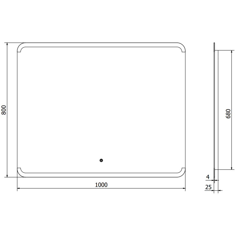 Speil til bad teknisk tegning av rektangulært LED speil 100x80 cm med mål og tykkelse vist.
