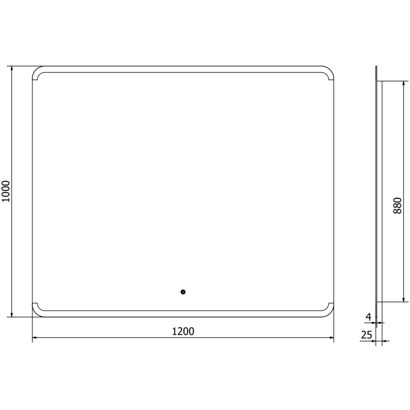 Speil med lys teknisk tegning av Mexen Nida 120 x 100 cm LED-speil med mål og avrundede hjørner.