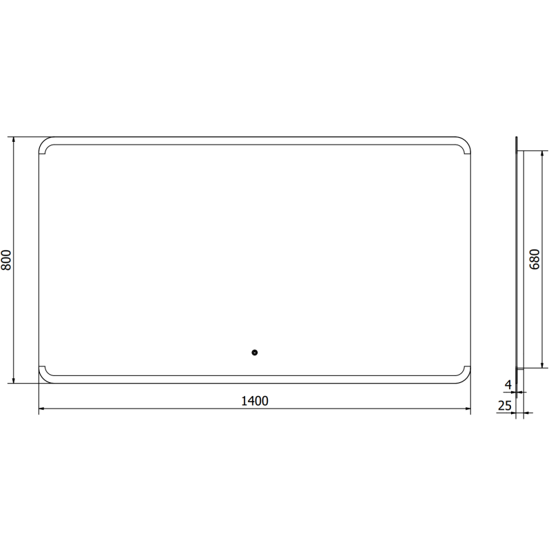Speil med lys teknisk strekillustrasjon av rektangulært LED-speil 140 x 80 cm med mål og avrundede hjørner.