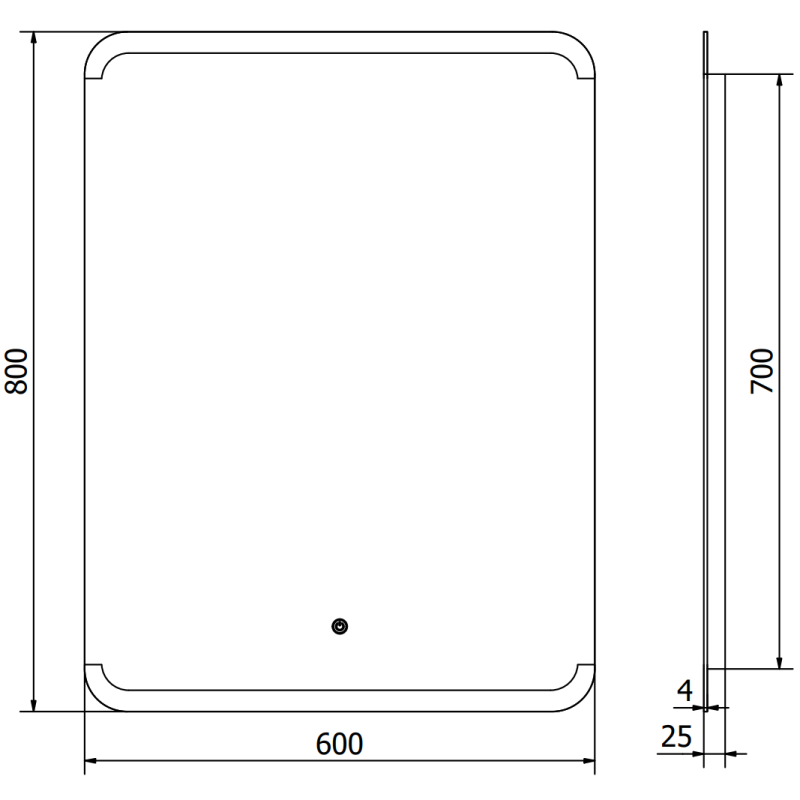 Speil med lys teknisk tegning av rektangulært LED-speil 60x80 cm med mål og avrundede hjørner.