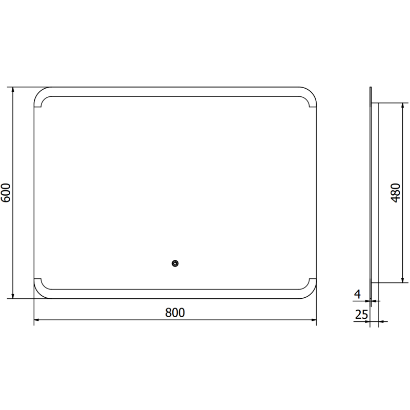 Speil med lys teknisk strekillustrasjon av Mexen Nida LED-speil 80x60 cm med mål og avrundede hjørner.