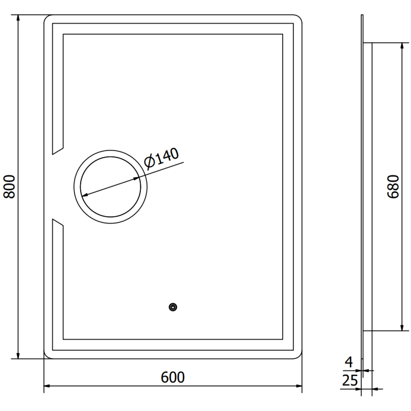 Speil med lys teknisk tegning av rektangulært speil 60x80 cm med hull til sminkespeil, mål inkludert.