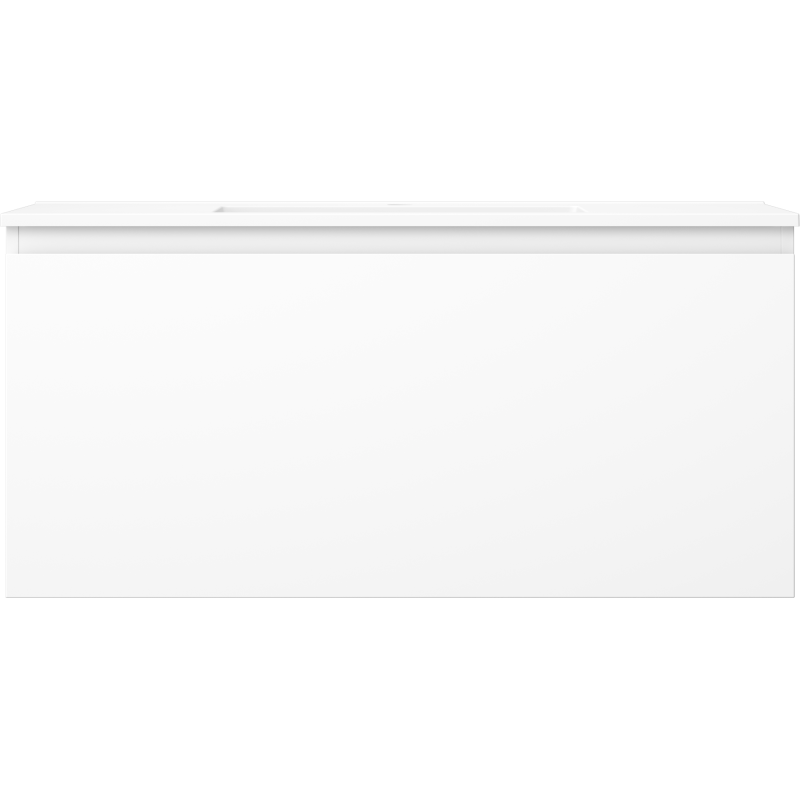 Servant med skap i hvit matt finish, rektangulært design uten synlige håndtak, sett rett forfra.