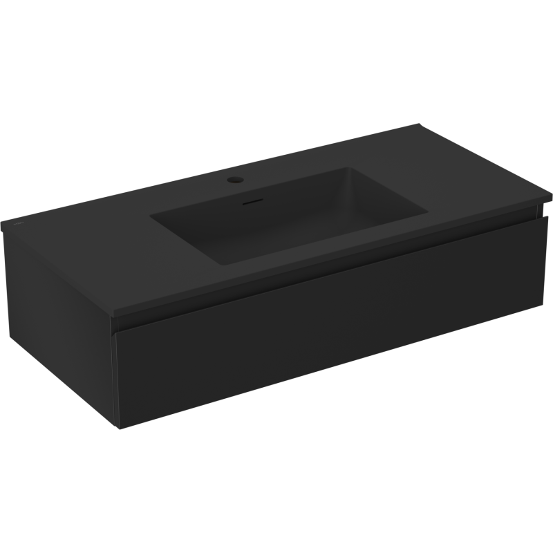 Servantskap med vask 100 cm i svart matt, minimalistisk design med bred skuff og synlig hull til blandebatteri.