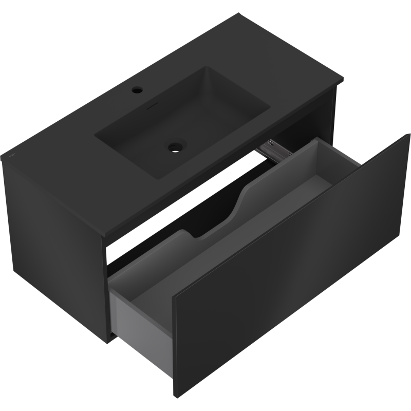 Baderomsskap med vask Mexen Orio 100 cm i svart matt med én stor skuff trukket ut og praktisk inndeling.