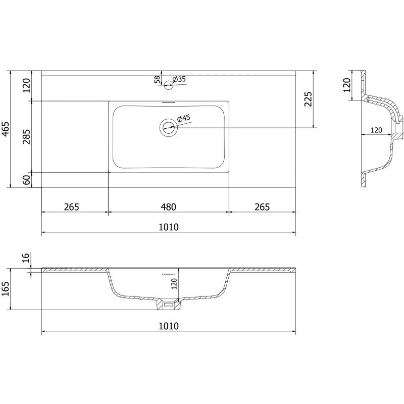 Servant med skap teknisk tegning med mål for Mexen Orio/Otis 100 cm, viser hullplassering og profiler.