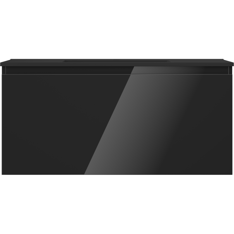 Servant med skap 100 cm svart med blank front og én skuff, sett rett forfra.