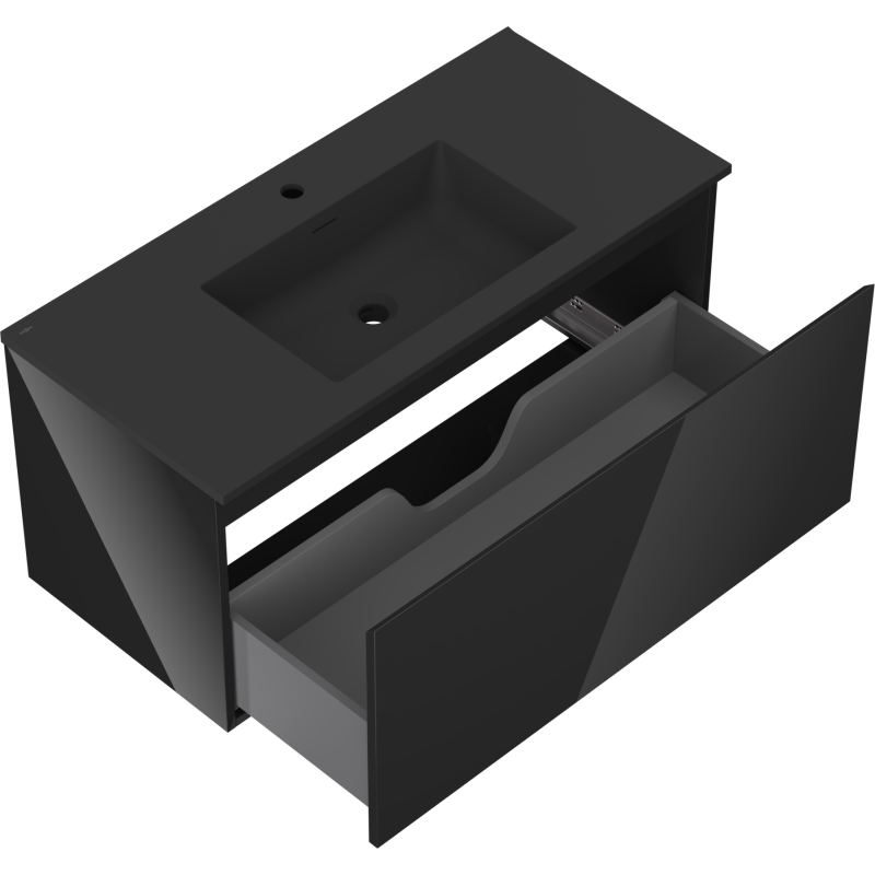 Baderomsskap med vask 100 cm svart, åpen skuff med synlig oppbevaringsplass, sett skrått ovenfra.