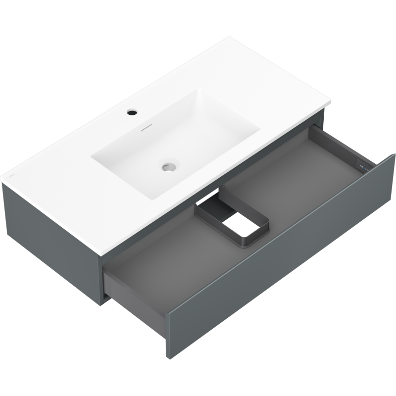 Baderomsskap med vask Mexen Orio 100 cm i grafitt matt med hvit servant, skuff delvis åpen.