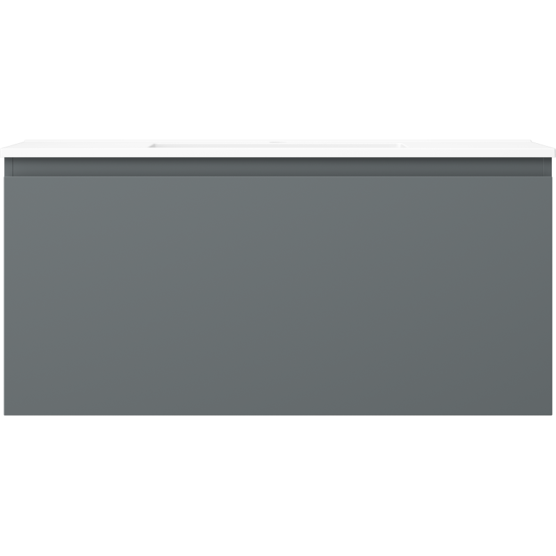 Servant med skap 100 cm grafitt matt/hvit matt med glatt front og hvit toppflate, sett forfra.