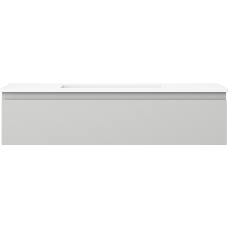 Servant med skap i matt hvit utførelse med integrert servant, sett forfra uten synlige håndtak.