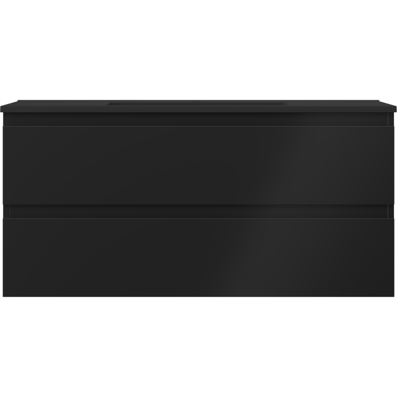 Servant med skap 100 cm svart matt med to brede skuffer, sett rett forfra uten synlige håndtak.