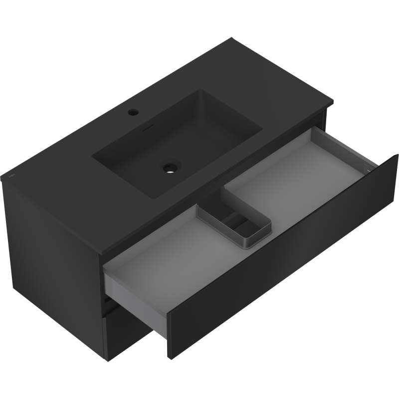 Baderomsskap med vask Mexen Orio 100 cm i svart matt med åpen skuff og innvendig organisering.