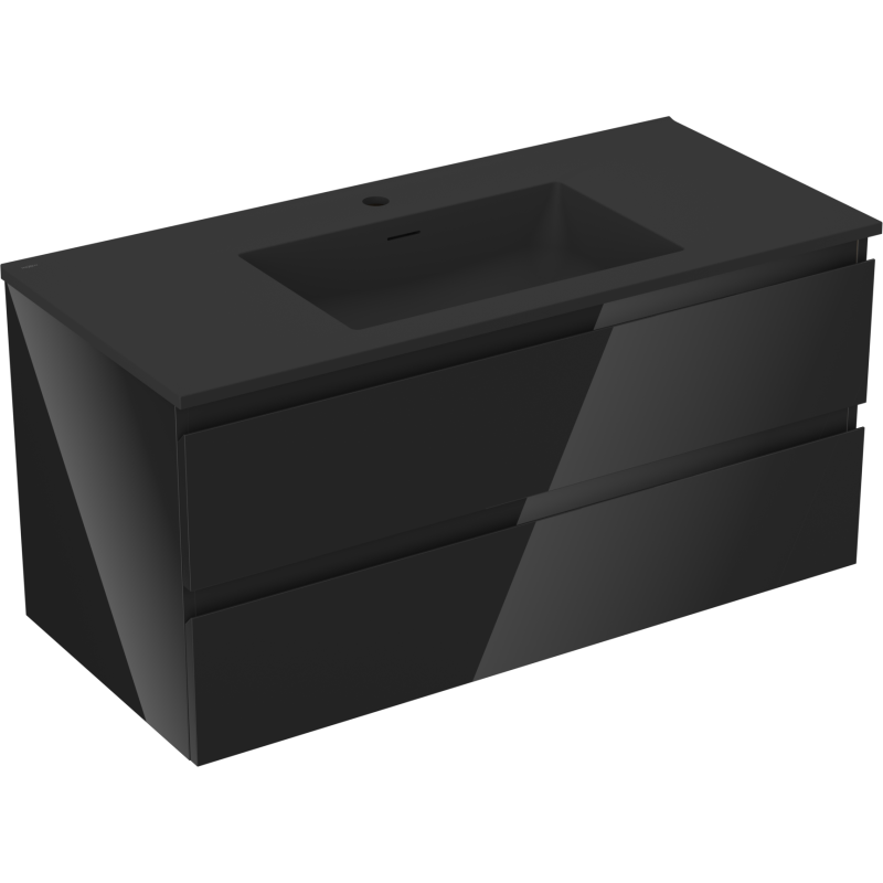 Servantskap med vask 100 cm svart med to skuffer, skrå forfra, integrert servant og hull til blandebatteri.