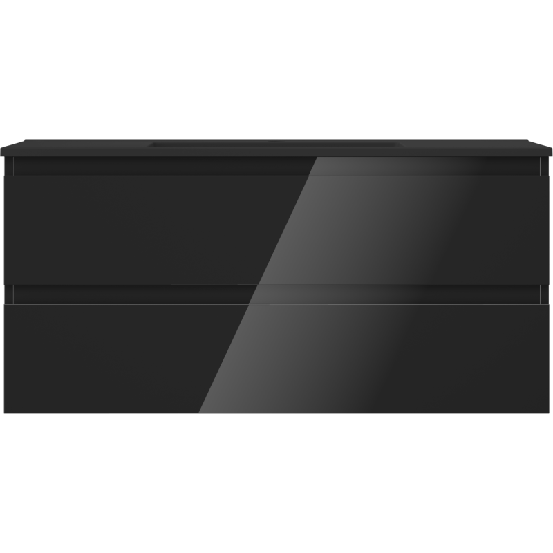 Servant med skap svart høyglans 100 cm med to skuffer uten synlige håndtak, sett forfra.